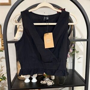 Vero Moda Black Fitted Ruffled Sailor Collar Crop Top size xs